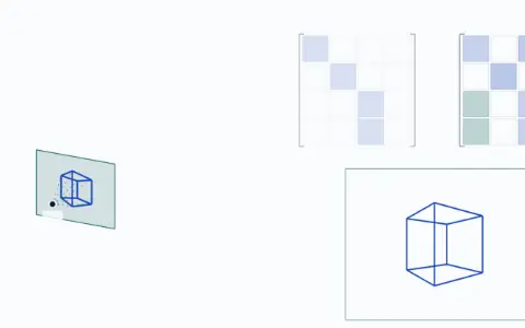 Animation: a wireframe cube turned 53.13 degrees about the vertical axis, moved away from the eye, and projected onto a screen at distance 1. The move distance is 4. The cube is now a perspective drawing on the screen.
