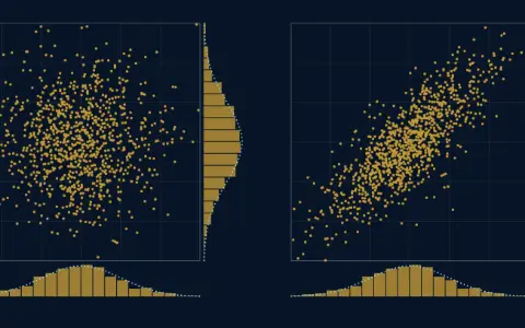 Two clouds of 1000 points on axes from −3 to 3: the left one round, the right one tilted up to the right. Histograms along the edges show the first numbers below each cloud and the second numbers beside it. A dotted standard bell is drawn over each edge histogram.