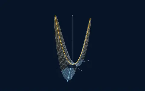 Animation: the surface z = 2x² + 2sxy + 2y² in a slowly turning 3-D view, at s = 3. It is a saddle. Along x = y it curves with eigenvalue 5, along x = −y with eigenvalue −1.